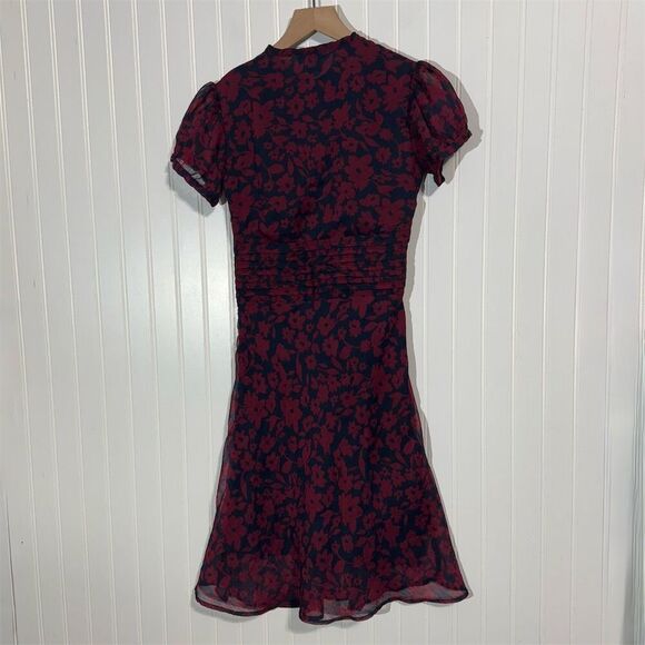 VTG dELiA*s Floral Midi Dress 90s Y2K Puff Sleeve Flare Navy Red S Ruched Waist - Picture 4 of 9